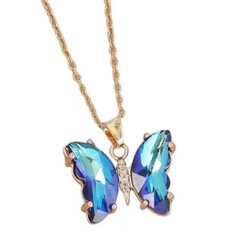 Minimalist Gold Blue Butterfly Pendant Necklace